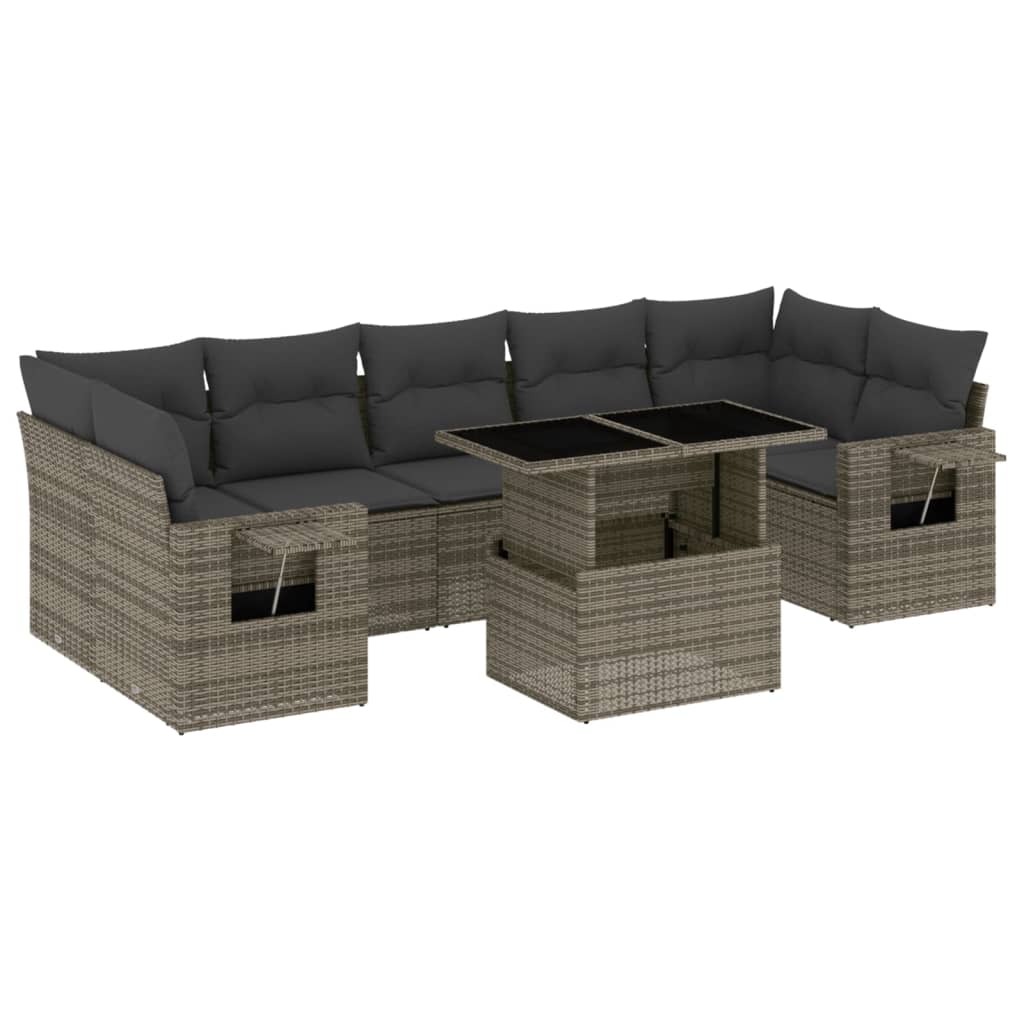 8-delige Loungeset met kussens poly rattan grijs