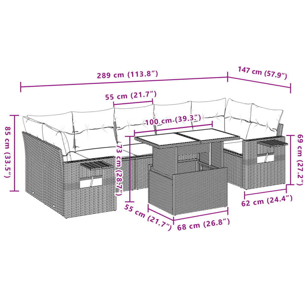 8-delige Loungeset met kussens poly rattan grijs