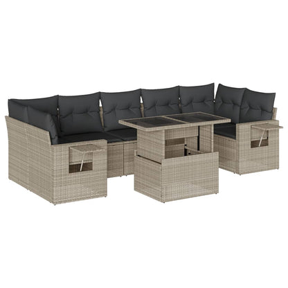 8-delige Loungeset met kussens poly rattan lichtgrijs