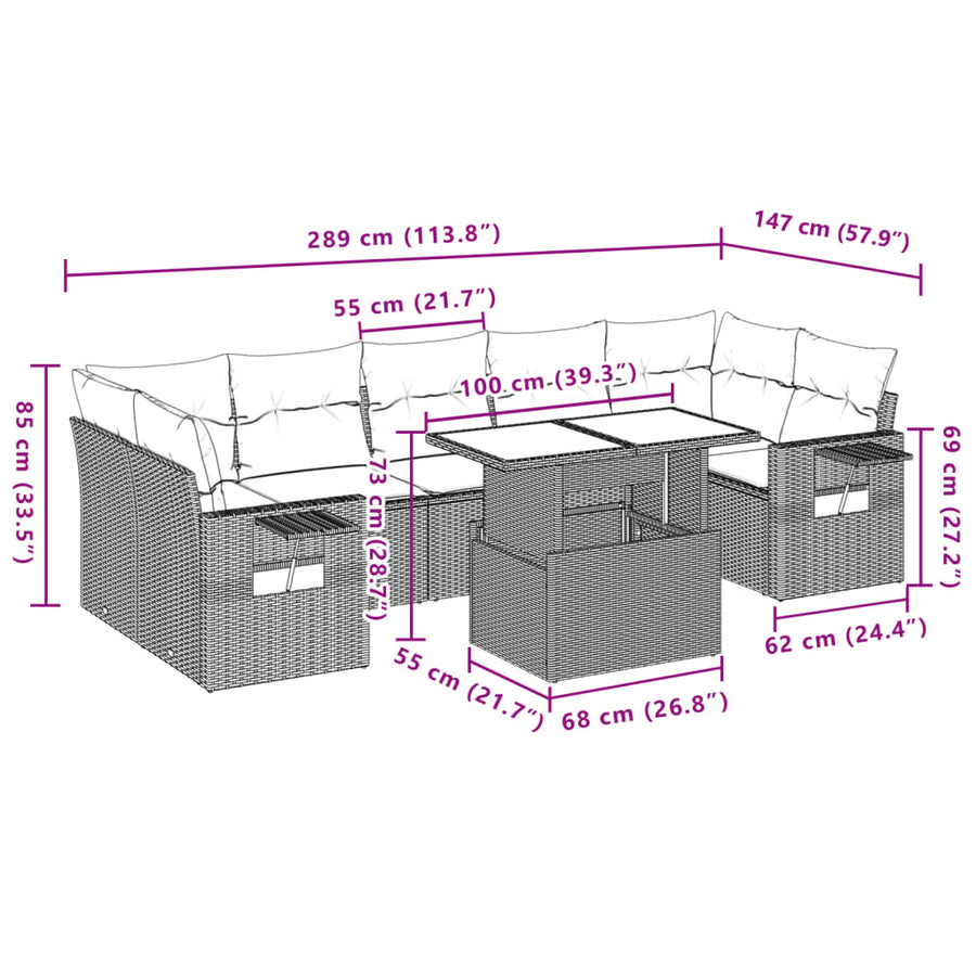 8-delige Loungeset met kussens poly rattan lichtgrijs