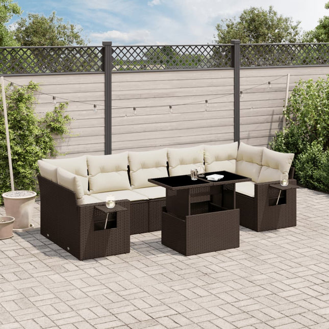 8-delige Loungeset met kussens poly rattan bruin