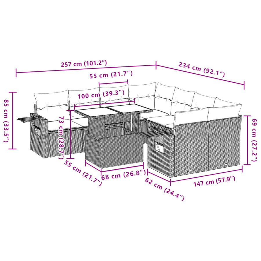 9-delige Loungeset met kussens poly rattan zwart