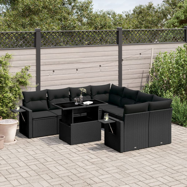 9-delige Loungeset met kussens poly rattan zwart