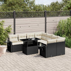 9-delige Loungeset met kussens poly rattan zwart