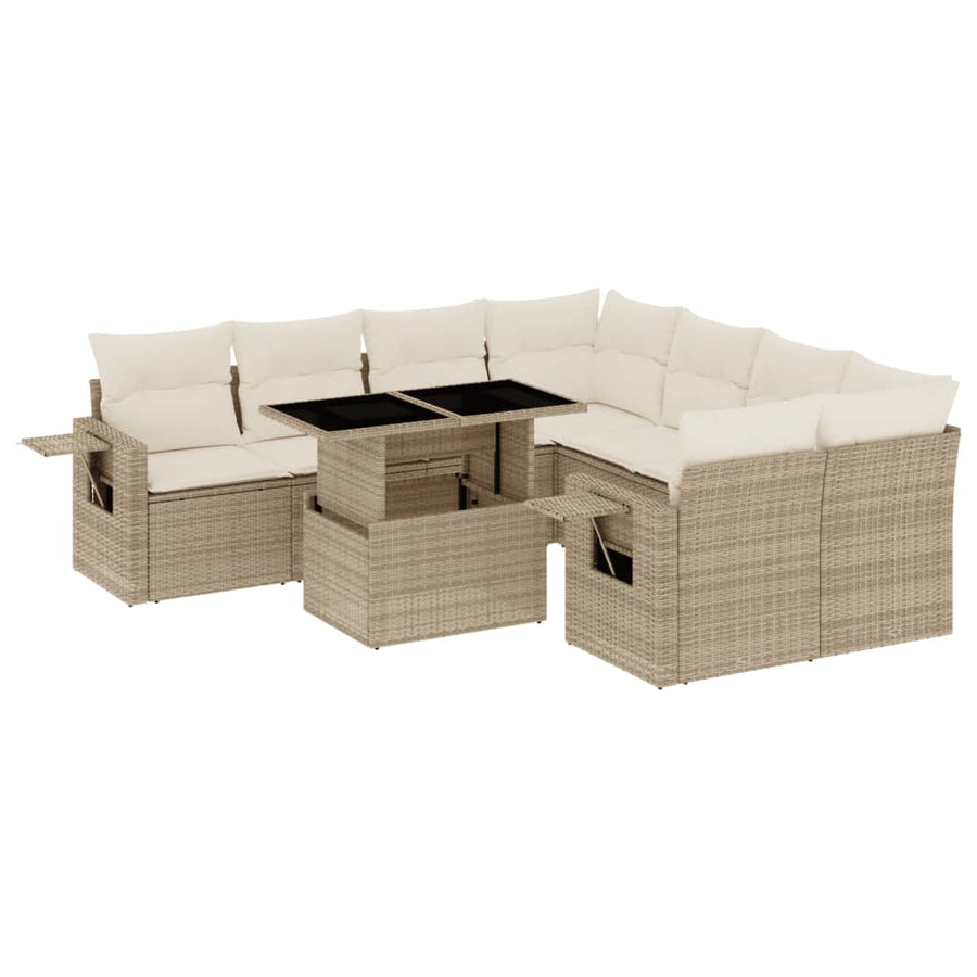 9-delige Loungeset met kussens poly rattan beige