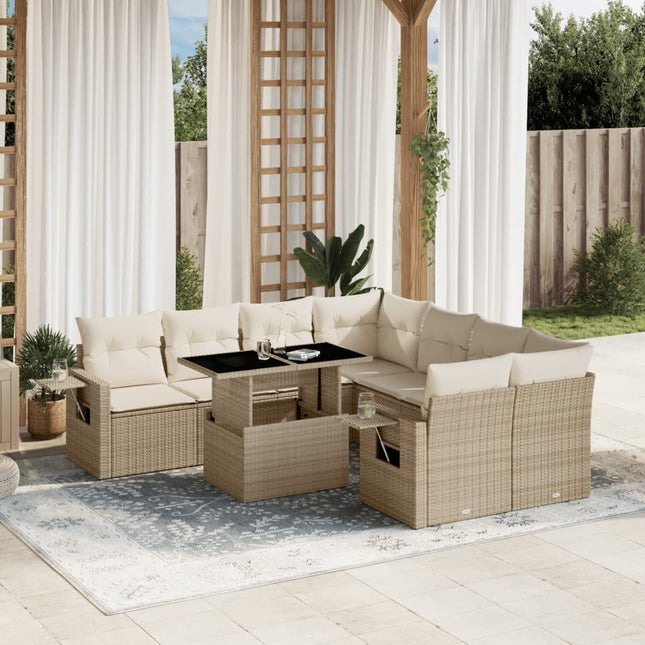 9-delige Loungeset met kussens poly rattan beige