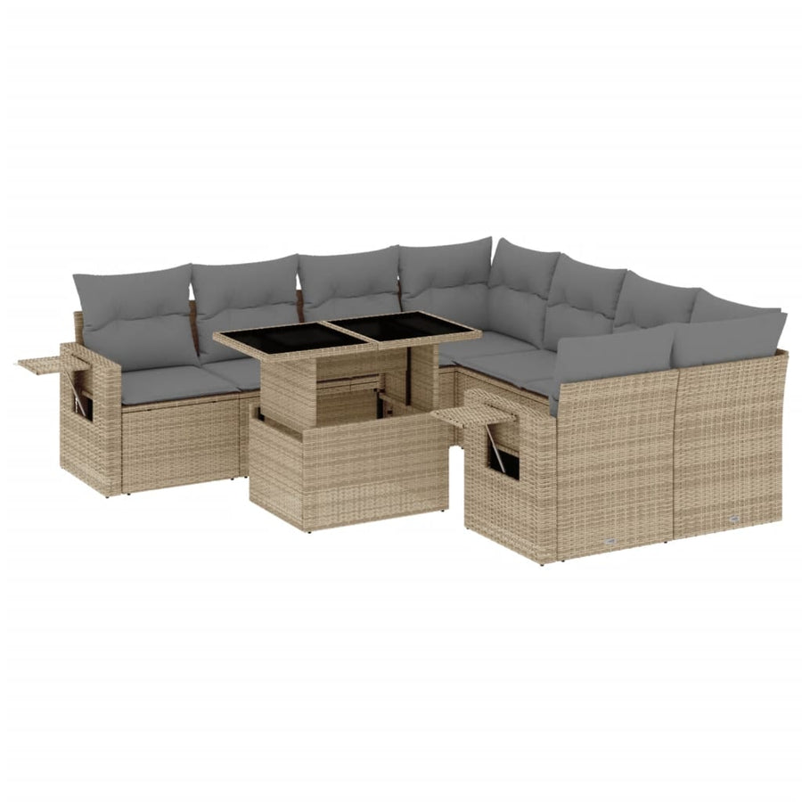 9-delige Loungeset met kussens poly rattan beige