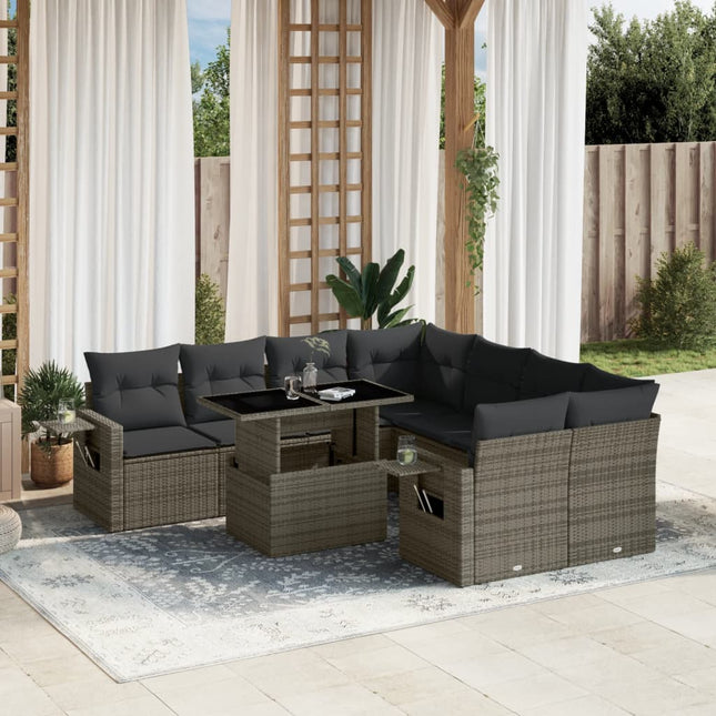 9-delige Loungeset met kussens poly rattan grijs