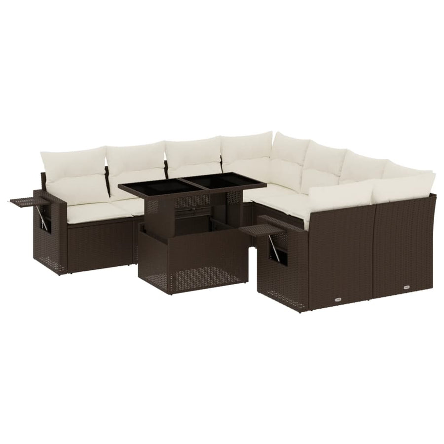 9-delige Loungeset met kussens poly rattan bruin