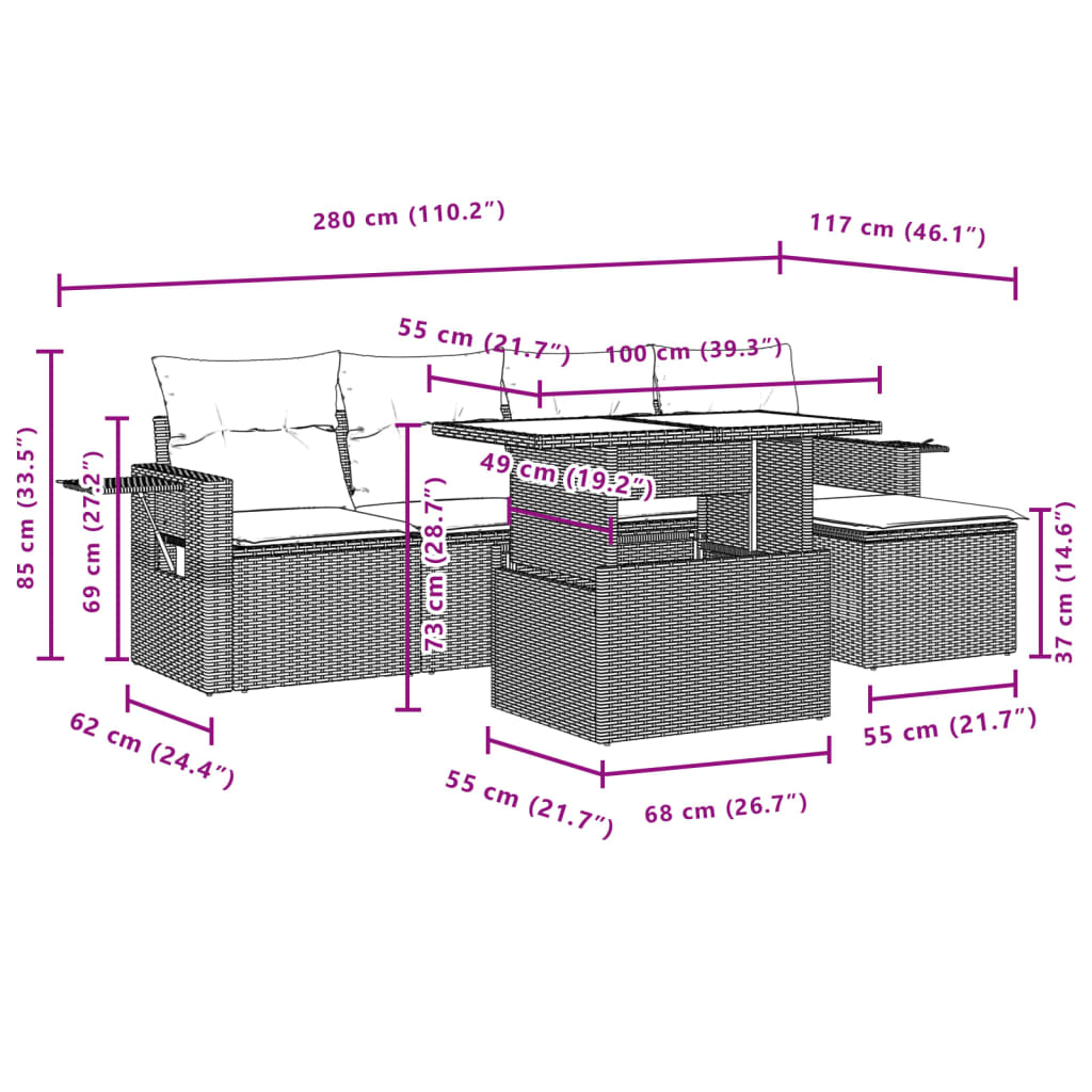 6-delige Loungeset met kussens poly rattan zwart