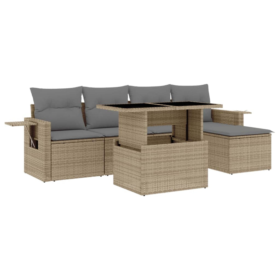6-delige Loungeset met kussens poly rattan beige