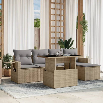 6-delige Loungeset met kussens poly rattan beige