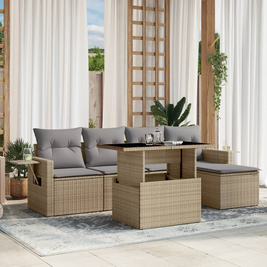 6-delige Loungeset met kussens poly rattan beige