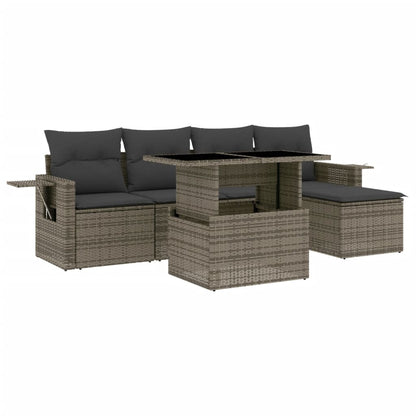 6-delige Loungeset met kussens poly rattan grijs