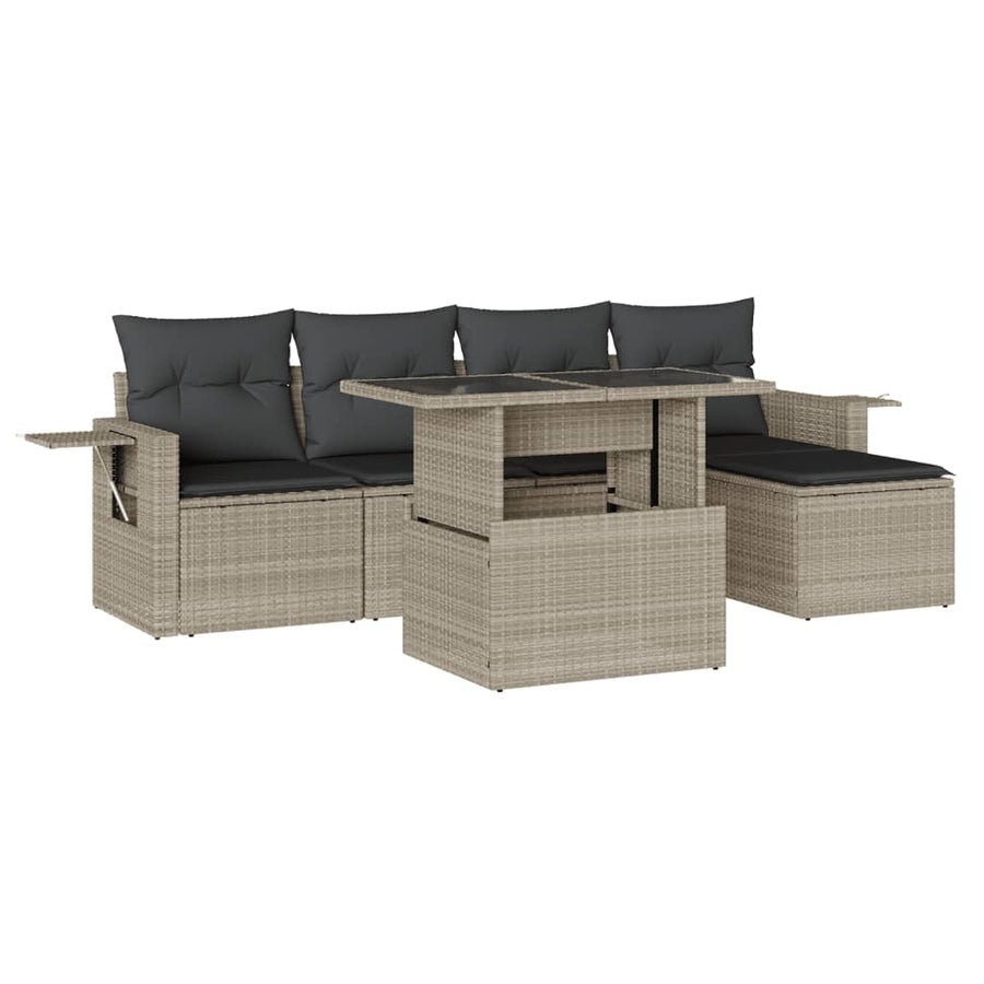 6-delige Loungeset met kussens poly rattan lichtgrijs