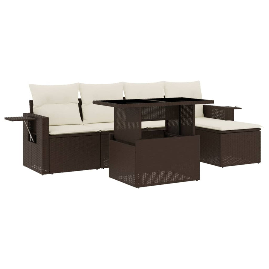 6-delige Loungeset met kussens poly rattan bruin