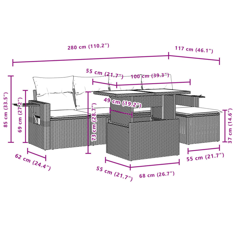 6-delige Loungeset met kussens poly rattan bruin