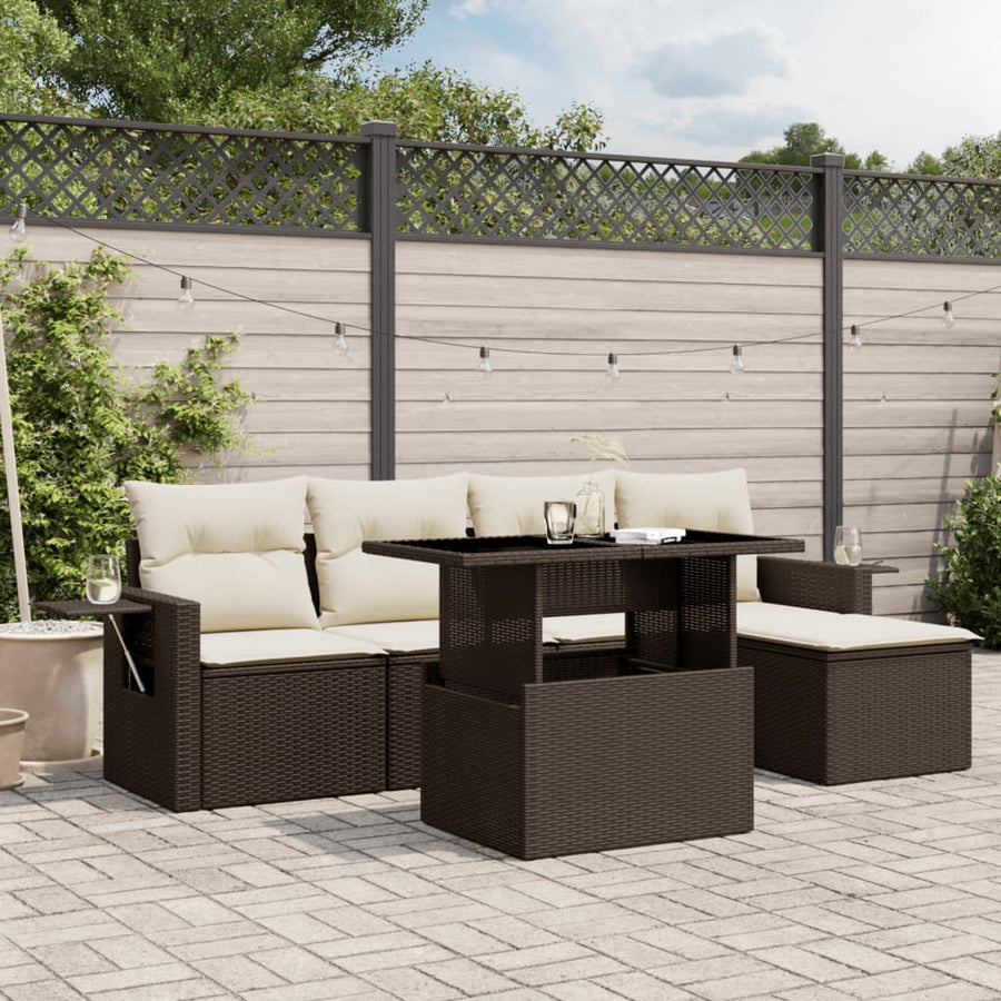 6-delige Loungeset met kussens poly rattan bruin