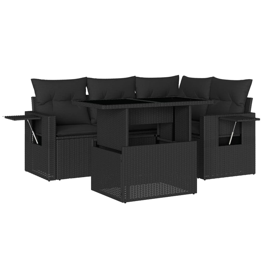 5-delige Loungeset met kussens poly rattan zwart