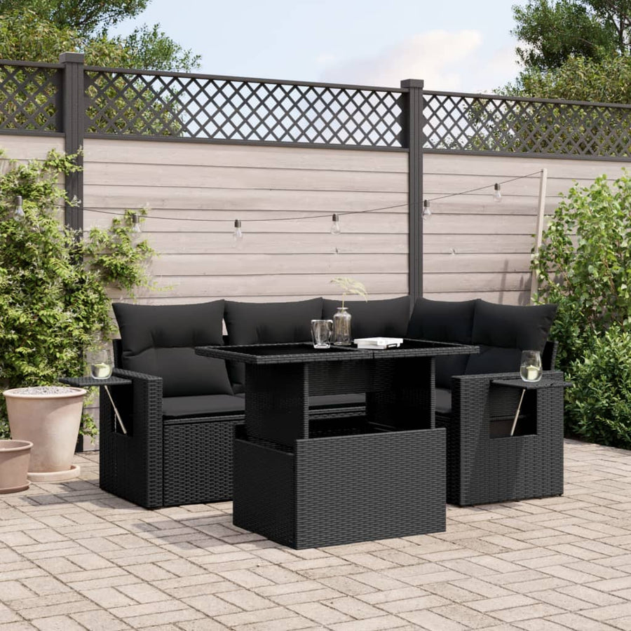 5-delige Loungeset met kussens poly rattan zwart