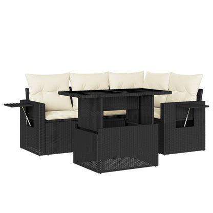 5-delige Loungeset met kussens poly rattan zwart