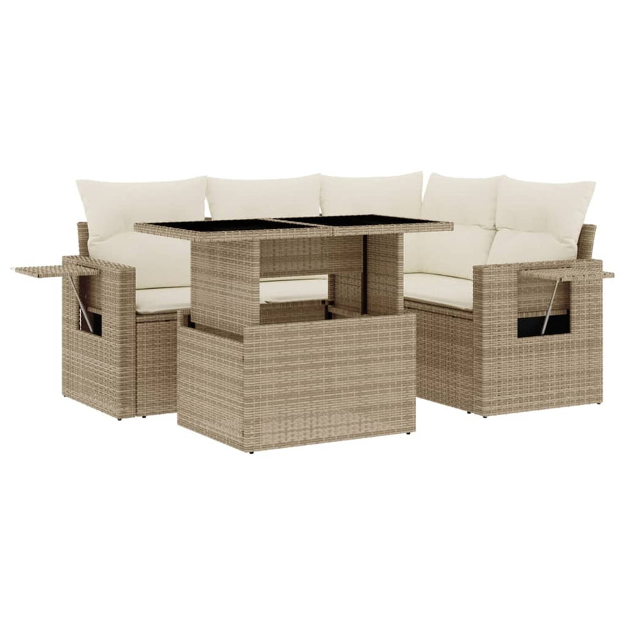 5-delige Loungeset met kussens poly rattan beige