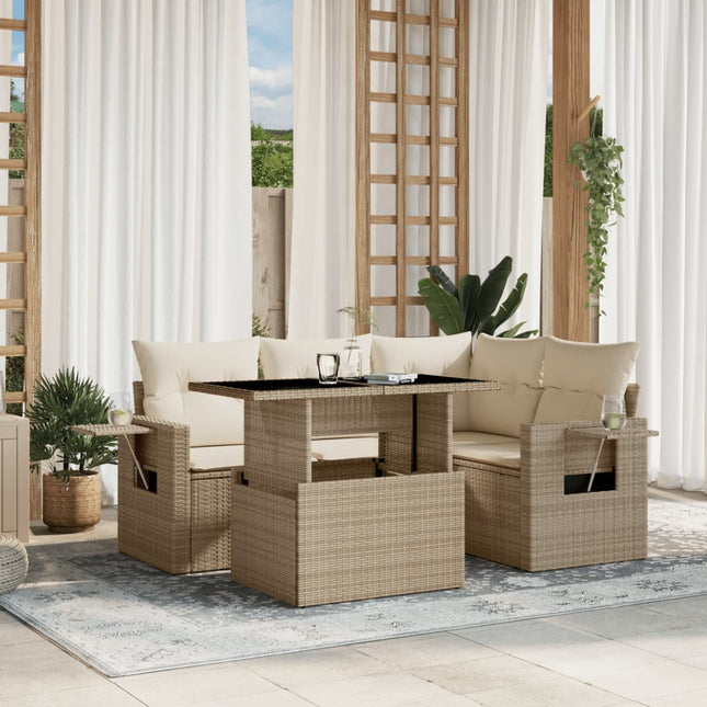 5-delige Loungeset met kussens poly rattan beige