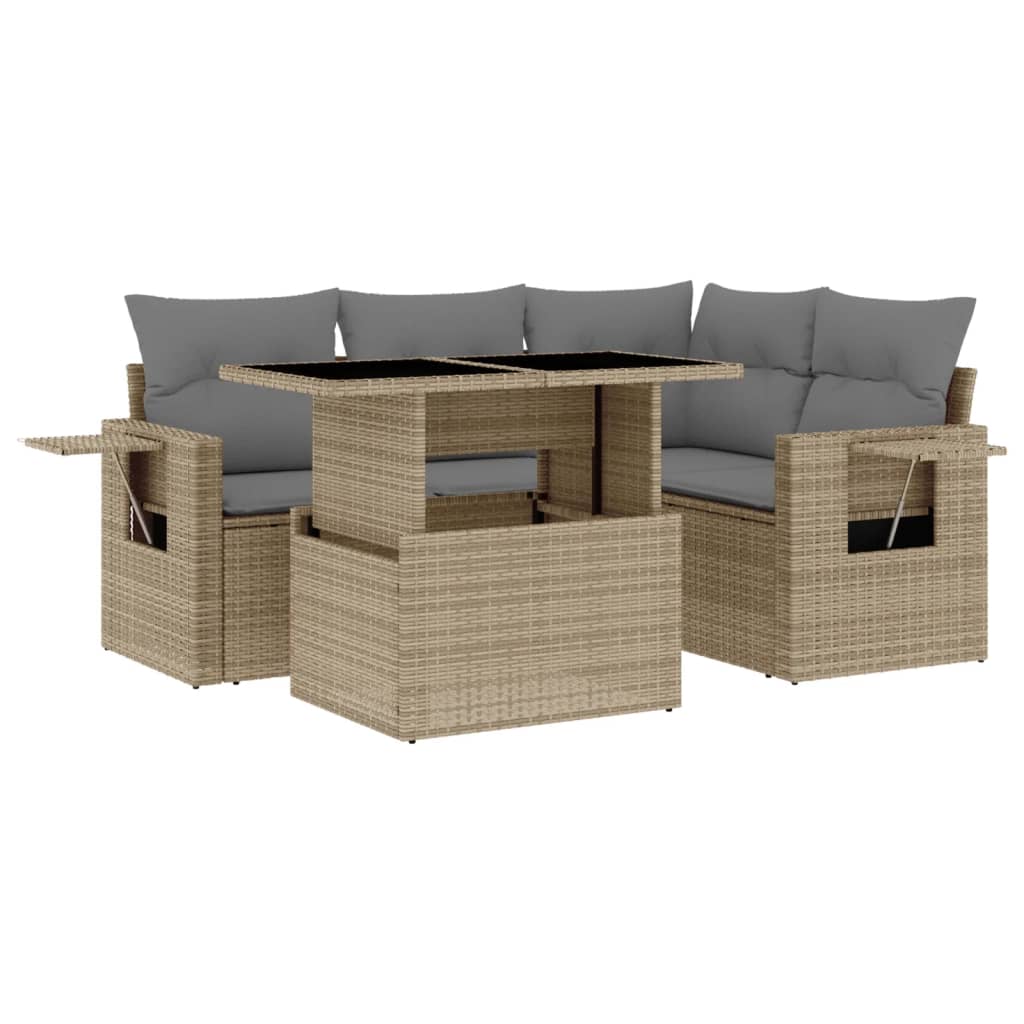 5-delige Loungeset met kussens poly rattan beige