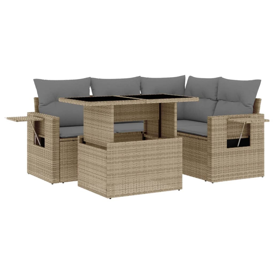 5-delige Loungeset met kussens poly rattan beige