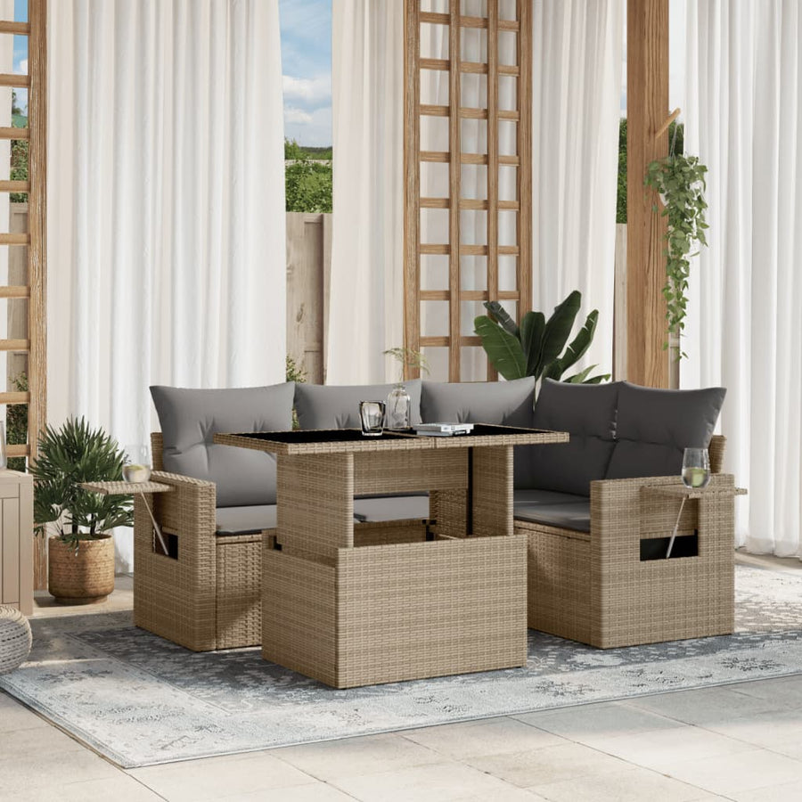 5-delige Loungeset met kussens poly rattan beige