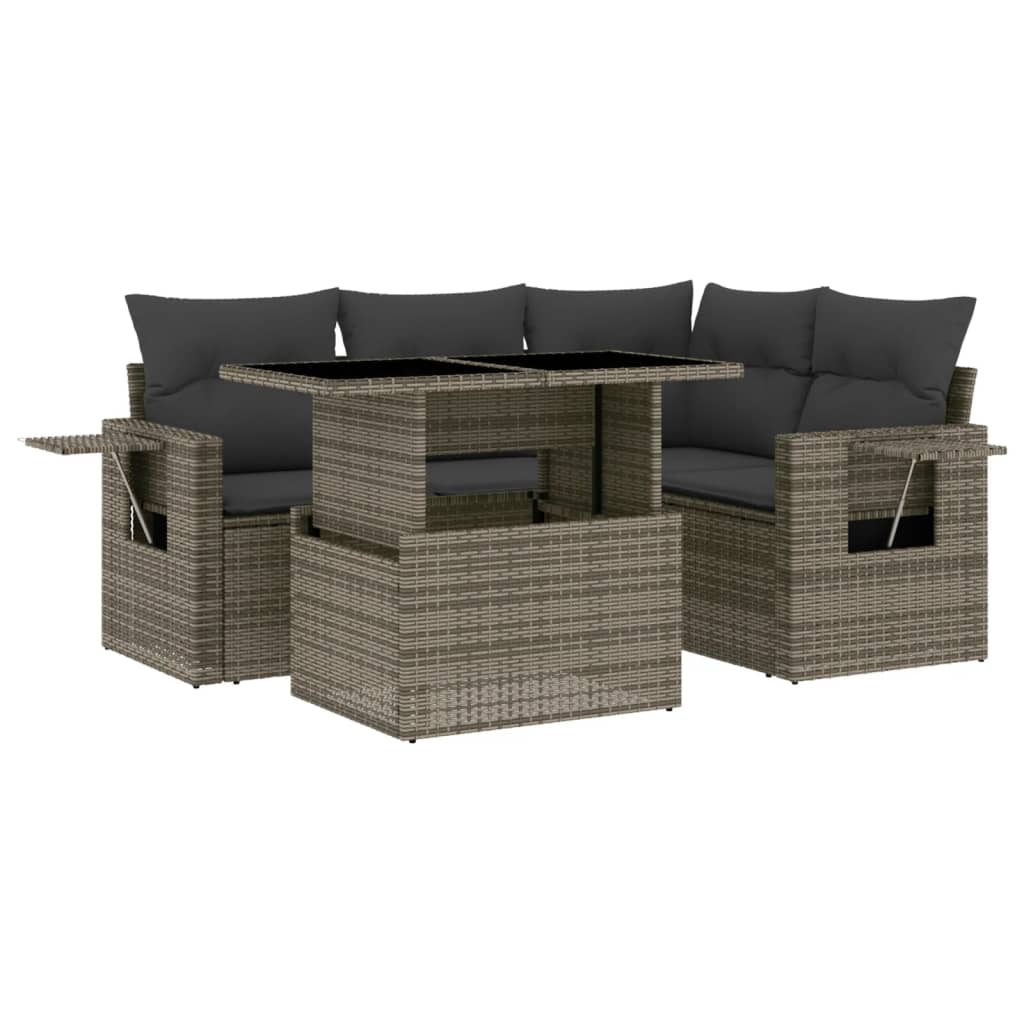 5-delige Loungeset met kussens poly rattan grijs