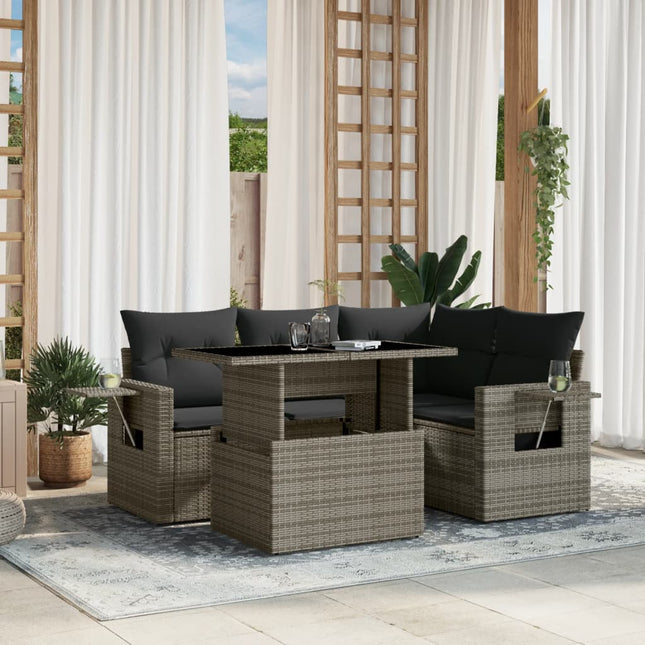 5-delige Loungeset met kussens poly rattan grijs