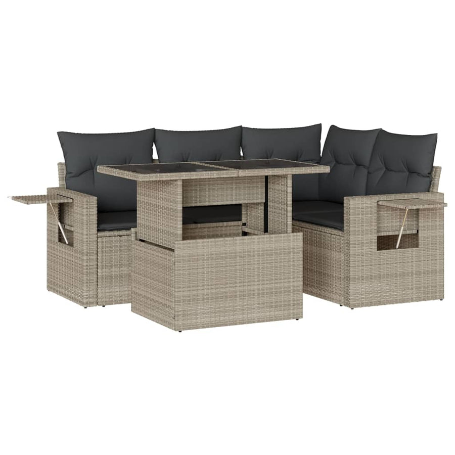 5-delige Loungeset met kussens poly rattan lichtgrijs