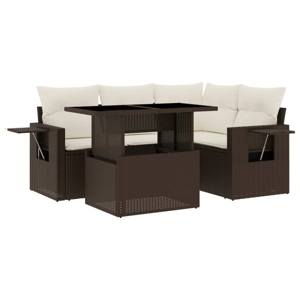 5-delige Loungeset met kussens poly rattan bruin