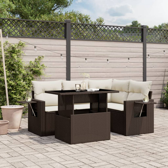 5-delige Loungeset met kussens poly rattan bruin