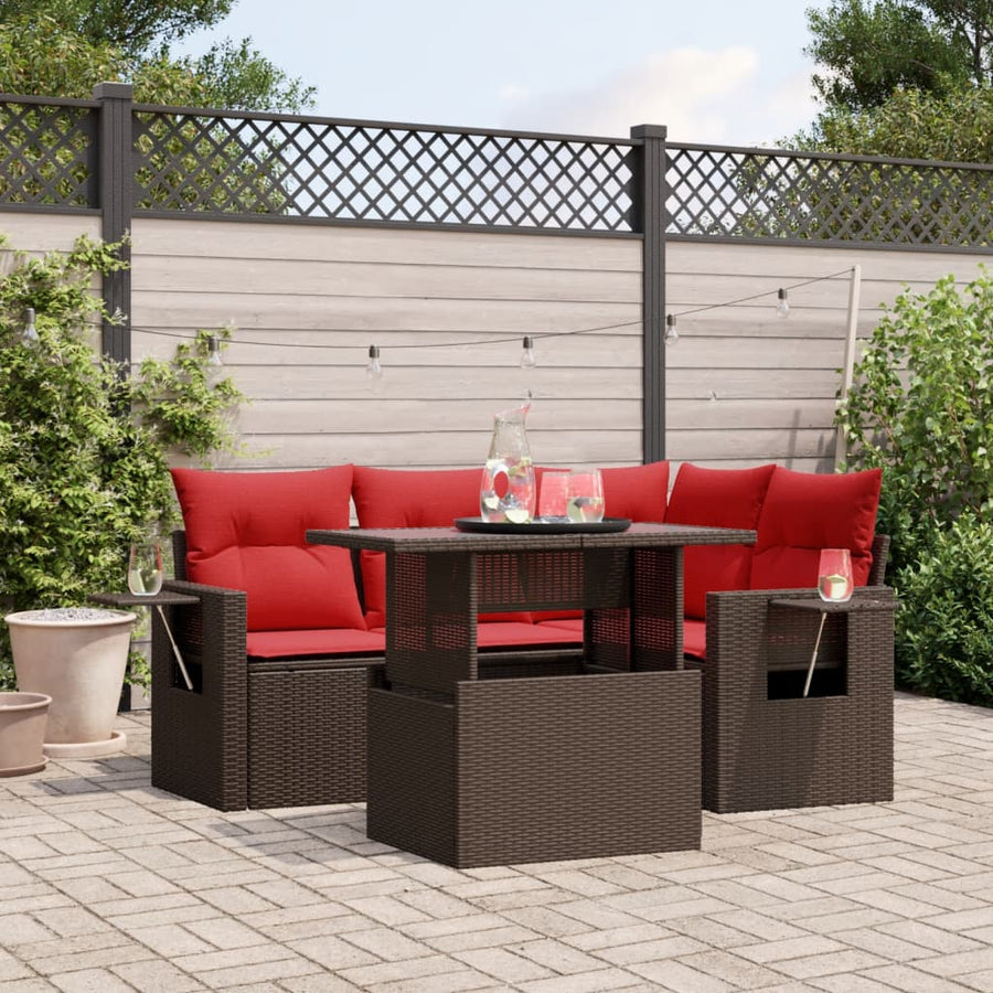 5-delige tuinbankset met kussens, bruin polyrotan