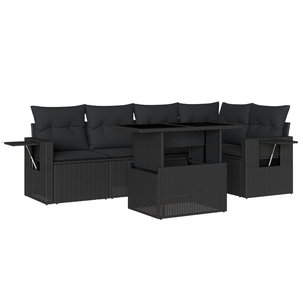 6-delige Loungeset met kussens poly rattan zwart