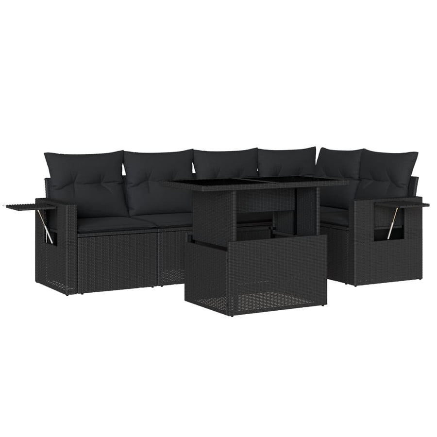 6-delige Loungeset met kussens poly rattan zwart