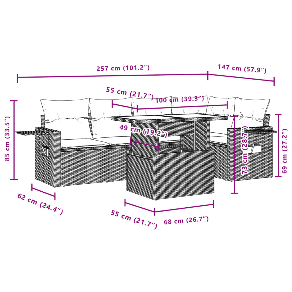 6-delige Loungeset met kussens poly rattan zwart