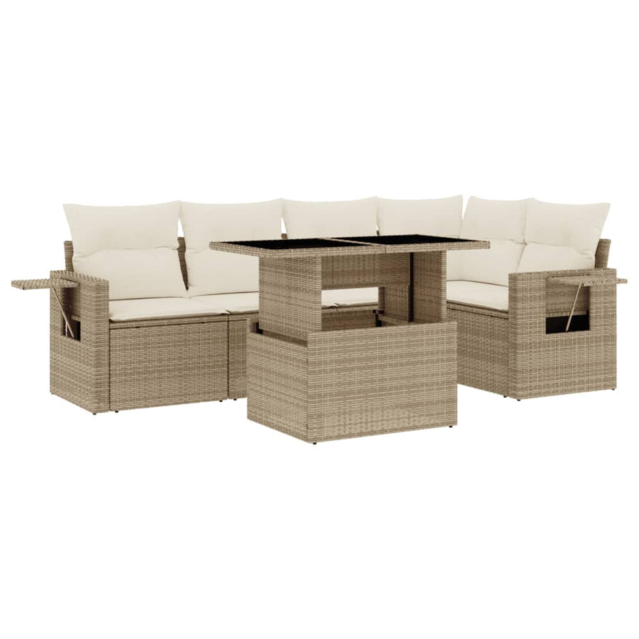 6-delige Loungeset met kussens poly rattan beige