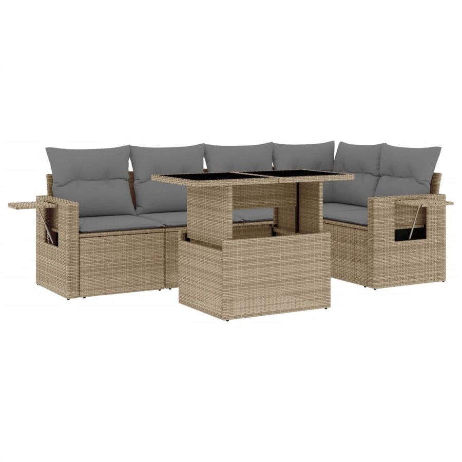 6-delige Loungeset met kussens poly rattan beige
