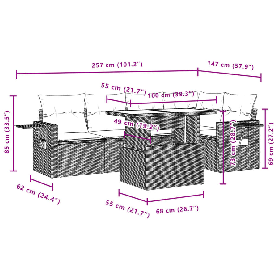 6-delige Loungeset met kussens poly rattan beige
