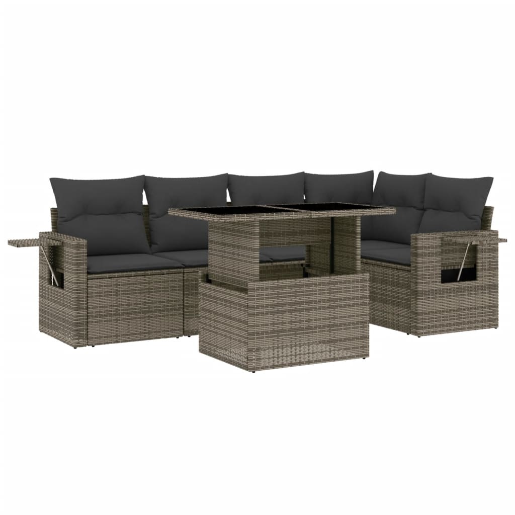 6-delige Loungeset met kussens poly rattan grijs