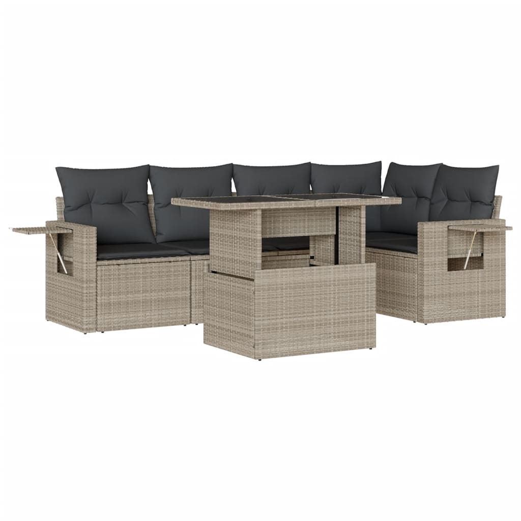 6-delige Loungeset met kussens poly rattan lichtgrijs