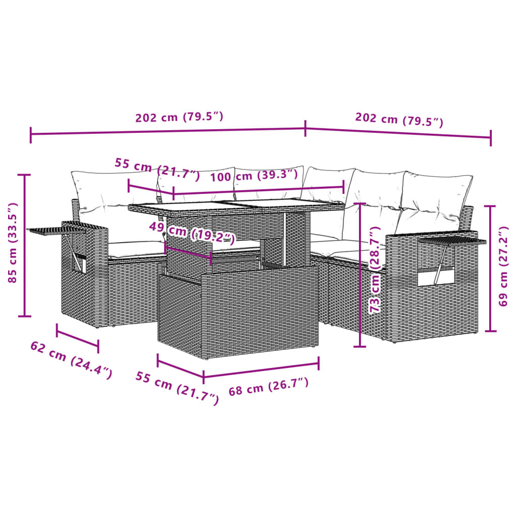 6-delige Loungeset met kussens poly rattan zwart