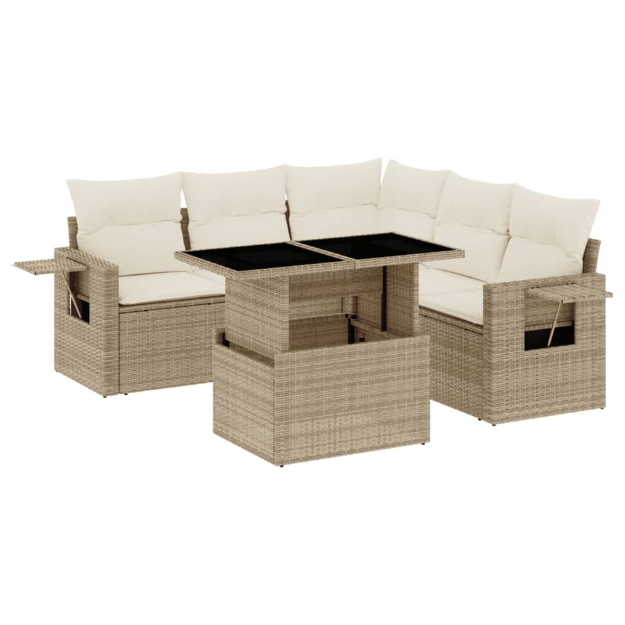 6-delige Loungeset met kussens poly rattan beige