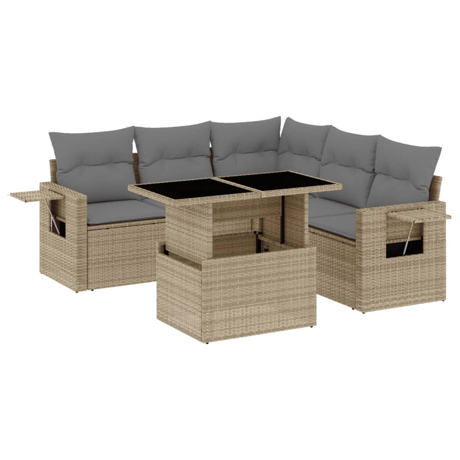 6-delige Loungeset met kussens poly rattan beige