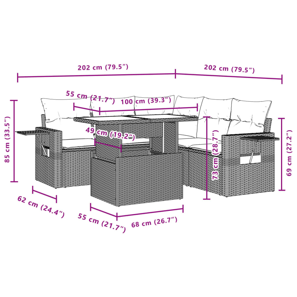 6-delige Loungeset met kussens poly rattan beige