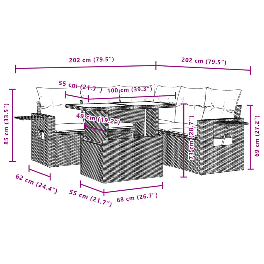 6-delige Loungeset met kussens poly rattan beige