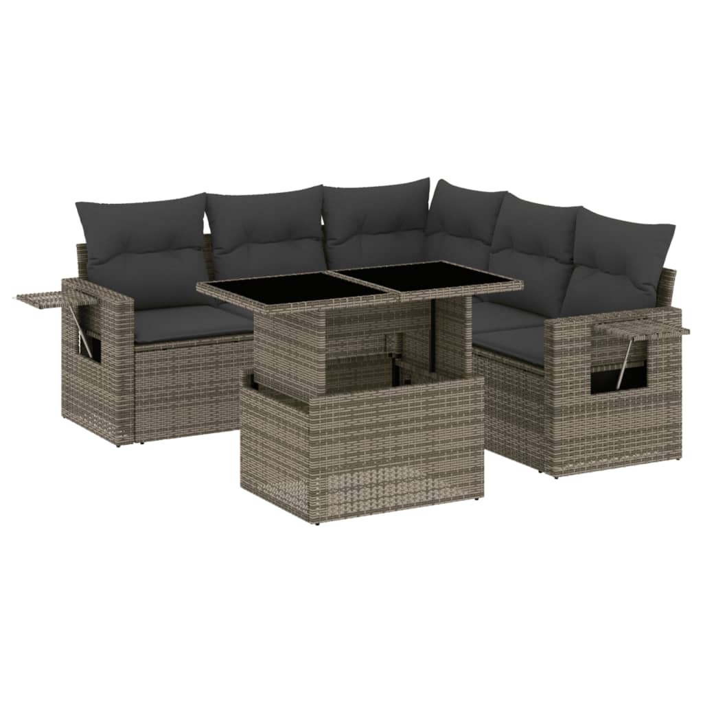6-delige Loungeset met kussens poly rattan grijs